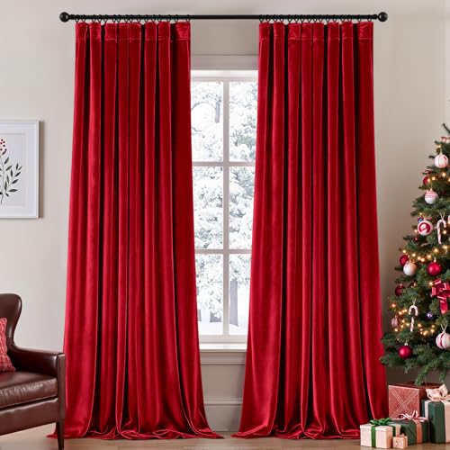 Christmas Red Velvet Curtains 108 Inches Long Blackout Thermal Insulated Soundproof Curtain Privacy Room Darkening Curtains Pinch Pleat Window Drapes for Bedroom Living Room 42 x 108 Inch Set of 2