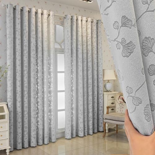 BYSURE Set of 2 Jacquard Curtains, Semi-Transparent with Ginkgo Leaf Pattern, Romantic Decorative Curtain, Eyelet Curtains for Bedroom, Living Room, 140 x 215 cm, Grey