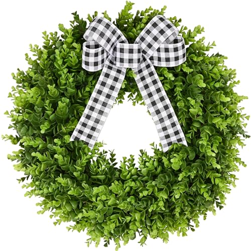"23"" Faux Round Boxwood Wreath, Vlorart Artificial Boxwood Wreath Front Door Wreaths Artificial Spring Summer Greenery Hanging with A Plaid Bow for Front Door Wall Hanging Window Wedding Party Decor"