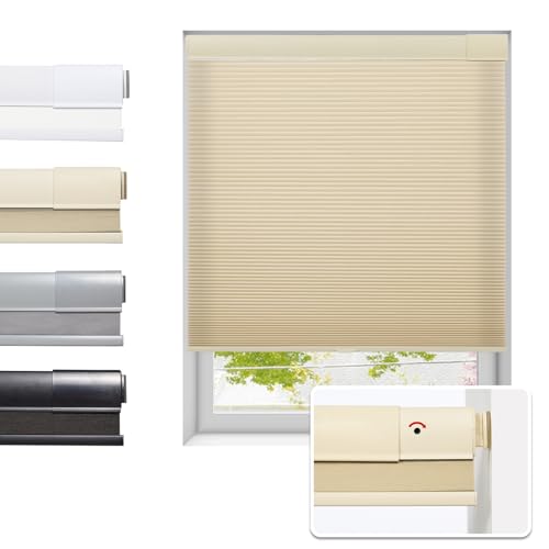 "Tonature No Drill Cellular Shades for Indoor Windows, Thermal Insulating & Noise Reducing Honeycomb Blinds, Free Stop Cordless Blackout Shades, Beige,32"" W x 64"" H"