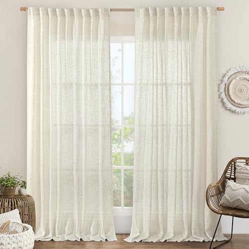 LAMIT Extra Wide Linen Curtains for Bedroom,Natural Light Filtering Faux Linen Textured Panels Semi Sheer Back Tab and Rod Pocket Boho Drapes for Living Room, 2 Panels, 70 x 84 Inch