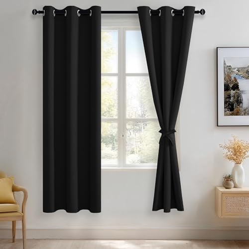 JIUZHEN Black Blackout Curtains with Tiebacks - Thermal Insulated, Light Blocking and Noise Reducing Grommet Curtains for Bedroom and Living Room, Set of 2 Window Curtain Panels, 42 x 72 Inch Length