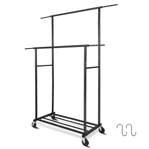 "Fishat Portable Black Double Rods Garment Rack with Rolling Clothes Organizer on Lockable Wheels Mobile, 48"" W x 15"" D x 67"" H, Metal Simple Hanging Clothes with 2 Hook"