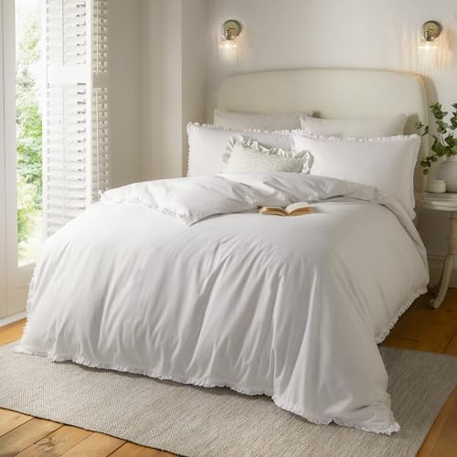 furn. Wylder Nature Tilly Duvet Cover Set – 100% Tumbled Cotton Minimal Ruffle Bedding with Elegant Trim (White - Single)
