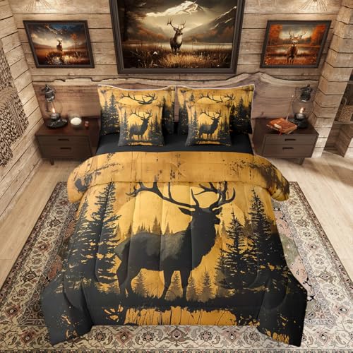 Erosebridal Queen Size Rustic Cabin Lodge Comforter Set with Sheets 7 Pcs - Hunting Deer Bedding Set for Kids Boys Teens Adults Rural Country Cute Deer Bed Sets Woodland Farmhouse Animal Quilt Sets