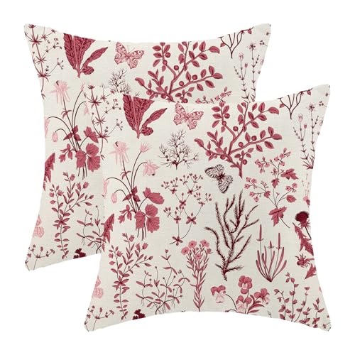Christmas Pillow Covers 16x16 Inch Set of 2,Burgundy Red Wild Flower Plant Throw Pillows Case,Seasonal Floral Outdoor Decorative Square Linen Farmhouse Decor Cushion Covers for Home Sofa bed Couch