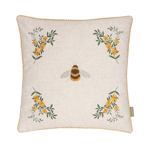 furn. Wylder Ramble Bee Feather Filled Cushion – Rustic Country Tufted Embroidered Velvet Decorative Pillow (Natural – 45x45cm)