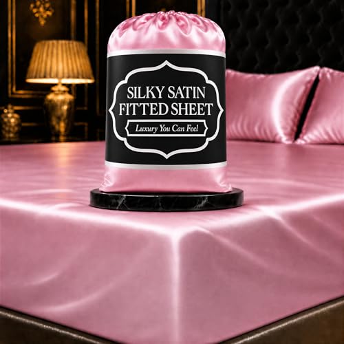DECOLURE Satin Fitted Sheet Full Size (1 PC) ??? Luxuriously Smooth & Softer Than Silk Bed Sheets w/ 15 Inch Deep Pocket Hypoallergenic Wrinkle Free, Secure Snug Fit, Elastic Corner Straps (Pink)