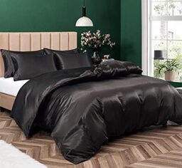 Pothuiny 5-Piece Satin Duvet Cover Set, Luxury Silky Black Duvet Cover Bedding with Zipper Closure, Full/Queen Size, 1 Duvet + 4 Pillow Cases