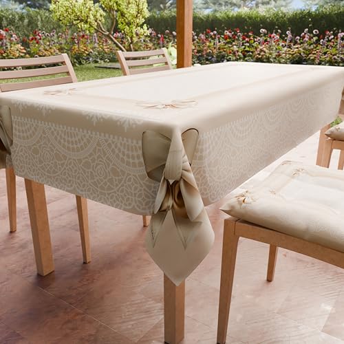 PETTI Artigiani Italiani - Stain Resistant Tablecloth Square 140x140 cm 4 Seats, Wipe Clean Microfibre Kitchen Table Cover, Beige Bow Shabby Chic Design, 100% Made in Italy