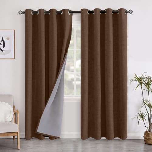 YoungsTex Brown Linen Blackout Curtains 80 Inches Long for Bedroom, Full Light Blocking Drapes with Grommet Thermal Insulated for Living Room Dining Farmhouse, 2 Panels, 52 X 80 Inch