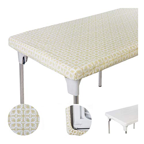 TopTableCloth Table Cover Yellow Gold Patterned Elastic Vinyl Christmas Tablecloth rectangular for folding table 5 ft 30 x 60 inch Waterproof Fitted Picnic Table Cloths Rectangle Camping Party Outdoor