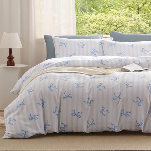 Erwinmu Girls Comforter Set Queen Size,3 Pieces Blue Bow Ties Comforter Bedding Sets Striped Pattern Back to School for Girls Kids,Soft Cozy Microfiber Comforter and 2 Pillowcases