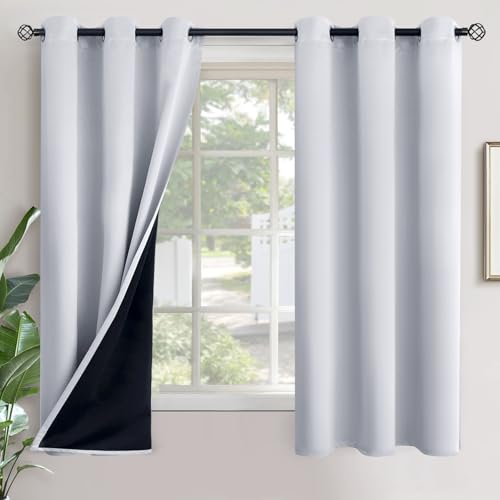 YoungsTex 100% Blackout Curtains 63 Inch Length for Bedroom, Thermal Insulated Black Out Drapes with Black Backing for Living Room Window Grommet, Silver White, 2 Panels, 42 x 63 Inch