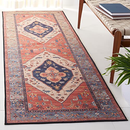 SAFAVIEH Traditional Rug Ideal for High Traffic Areas - Machine Washable and Non Slip - Tucson Collection, Short Pile, in Rust and Blue, 76 X 366 cm