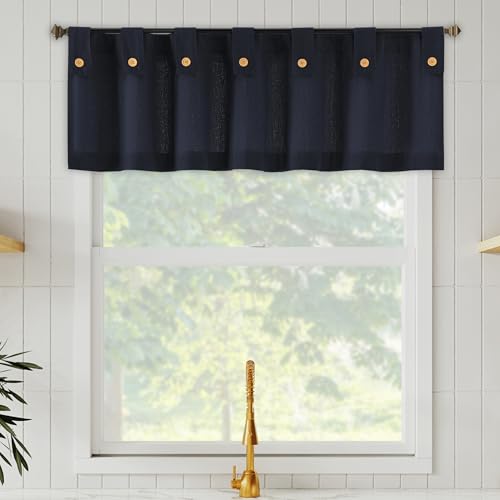 "Archaeo Cotton Blend Button Tab Top Cafe Curtains, Valance, 54"" x 14, Navy Blue"