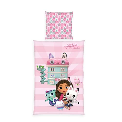 Klaus Herding GmbH Gabby's Dollhouse Bed Linen, Pillowcase Approx. 80 x 80 cm, Duvet Cover Approx. 135 x 200 cm, with Smooth Zip, 100% Cotton, Renforcé