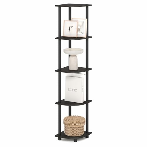Furinno TURN-N-TUBE Corner Shelf, 5-Tier Corner Bookshelf, Open Storage Shelves, for Organization and Storage, Living Room, Home Office, Garage, Bedroom, Black Espresso