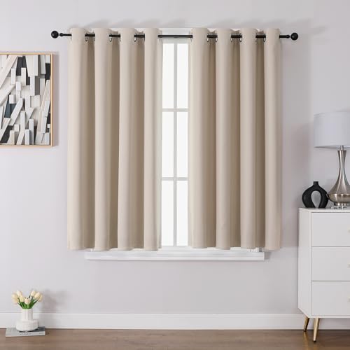 CUCRAF Opaque Curtains with Eyelets, Set of 2, H 137 x W 117 cm, Blackout Curtains, Beige Thermal Curtain, Cold Protection, Soft and Durable Sound Insulation Curtain for Bedroom, Living Room