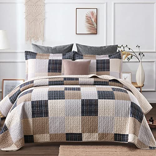 Y-PLWOMEN Plaid King Size Quilts - 100% Cotton Farmhouse King Quilt with 2 Pillow Shams, Lightweight Breathable Quilted Bedspreads Bedding Set, Brown Tan, King(98 * 106 Inch)
