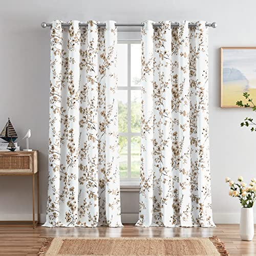 Melodieux Floral Curtains 63 Inch Length for Living Room, Farmhouse Coffee Apricot Flower Print White Decorative Grommet Drapes, 52x63 Inch, 2 Panels