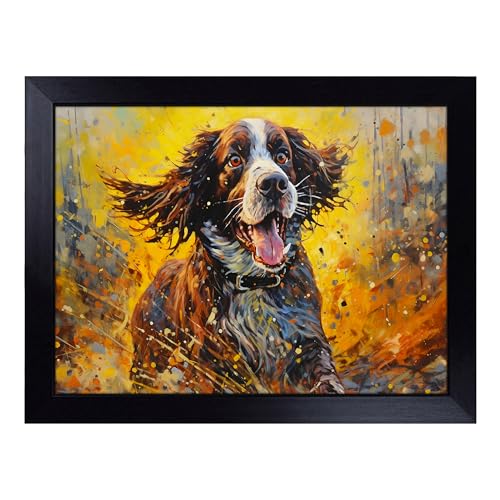 Lap Tray with Bean Bag Cushion, English Springer Spaniel Action - Handmade in the UK, Raised Wooden Edge, Padded Cushion, Heat-Resistant Wipe-Clean Surface, for Meals, Laptops and Crafts