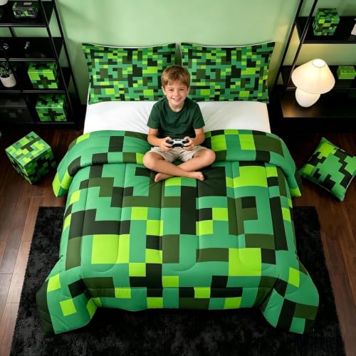 Pixel Grid Miners Comforter Set Full Size,Geometric Grid Patchwork Pixelated Kids Bedding Set,Cartoon Gamepad Video Games Quilt Comforter,Cyan Green Duvet Insert,2 Pillowcases