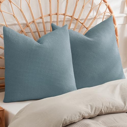 "PHF 100% Cotton Waffle Weave Euro Shams 26"" x 26"", No Insert, 2 Pack Elegant Home Decorative Euro Throw Pillow Covers for Bed Couch Sofa, Ocean"