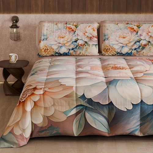 PETTI Artigiani Italiani - Winter Quilt, Winter Duvet, Double Sided Quilt, Solid Colour and Digital Floral Print 25 35, 100% Microfibre, Made in Italy