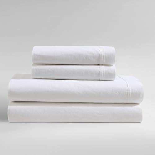 Calvin Klein - Queen Bed Sheets, Relaxed Garment Washed Cotton Percale Bedding Set with Matching Pillowcases, Deep Pockets, Oeko-TEX Certified (Washed Percale White, Queen)