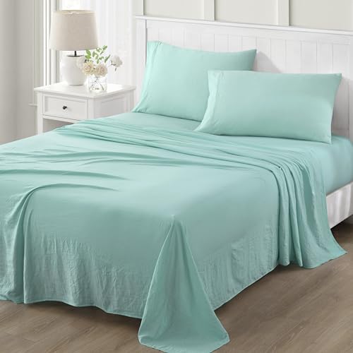 "Martha Stewart Ultra Soft Brushed and Washed Microfiber 4 Piece Sheet Set, Easy Care, Comfy Bed Sheets with Deep Pocket up to 16"", 1 Flat and 1 Fitted Sheet, 2 King Pillowcases, Cal King Size, Aqua"