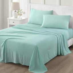 "Martha Stewart Ultra Soft Brushed and Washed Microfiber 4 Piece Sheet Set, Easy Care, Comfy Bed Sheets with Deep Pocket up to 16"", 1 Flat and 1 Fitted Sheet, 2 King Pillowcases, Cal King Size, Aqua"
