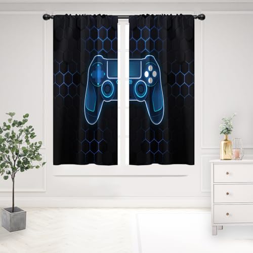 EOVDSFW Game Console Window Curtains Rod Pocket Kids Boys Teens Blue Gaming Controller Black Darkening Gamer Gamepad Play Room Drapes 2 Pannels for Living Bedroom Decoration Decor 42X63 inch