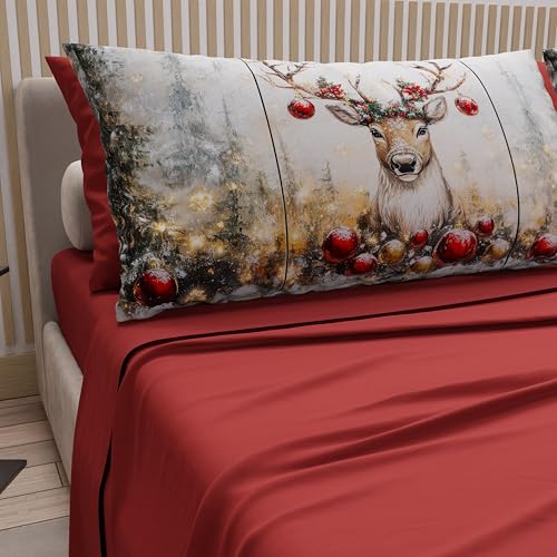 PETTI Italian Artisans - Cotton Sheets with Christmas Digital Print Pillowcases, French Queen Size Christmas Sheets, Christmas Bed Set, Bordeaux Reindeer, 100% Made in Italy