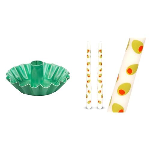 Green Scalloped Metal Candle Holder & Olive Design Tapered Candles Bundle