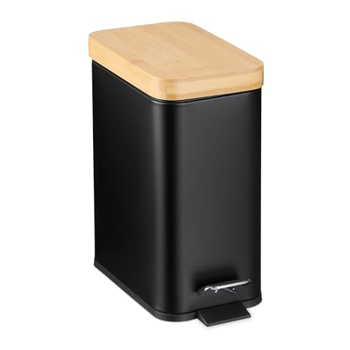 Relaxdays Step Pedal Bin, 5L, Soft-Close Mechanism, Removable Inside, Bathroom Cosmetic Waste, Metal, Bamboo Lid, Black, Iron, 29.5 x 14 x 29 cm