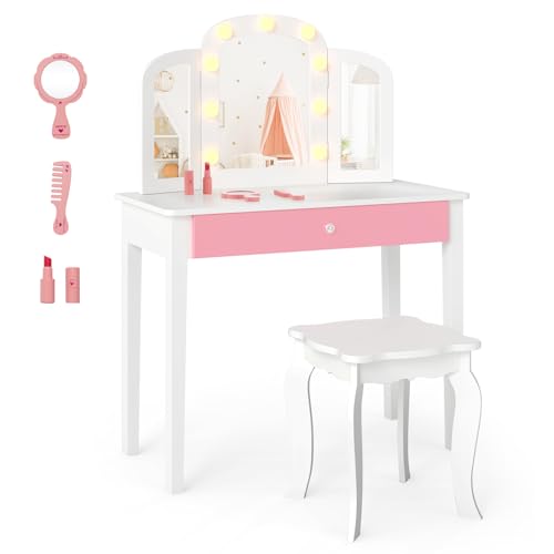 GYMAX Kids Vanity Table and Stool Set, Wooden Children Dressing Table with Tri-folding Mirror & Drawer, 2 in 1 Girls Makeup Dresser for Bedroom (White, With Lights)