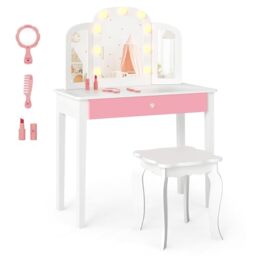 GYMAX Kids Vanity Table and Stool Set, Wooden Children Dressing Table with Tri-folding Mirror & Drawer, 2 in 1 Girls Makeup Dresser for Bedroom (White, With Lights)