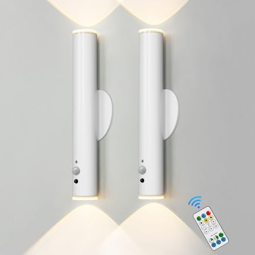 HARPER LIVING White Battery Operated Wall Lights, Motion Sensor Rechargeable Wall Lamp with Remote, 360° Rotation Magnetic Night Light, Portable LED Touch Light for Bedroom Hallway, (Set of 2)