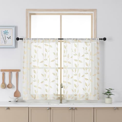 Chyhomenyc Natural Short Sheer Curtains 36 Inch Length - Light Filtering Linen Blend Small Half Window Curtains, Embroidered Leaf Pattern Curtain for Kitchen Bathroom Basement, 30Wx36L, 2 Panels