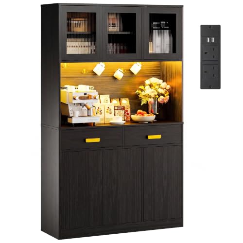 IRONCK Kitchen Cupboard, Sideboard Storage Cabinet with LED Power Outlet,180cm Tall Cabinet with Large Countertop, 2 Drawers, Ajustable Shelf, Kitchen Units Dining room, living Room,180x110x38cm,Black