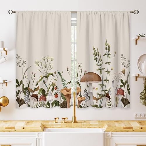 oolygoo Vintage Mushroom Small Kitchen Curtains Leaves Botanical Window Treatment Rustic Mushroom Cafe Short Window Curtains for Bathroom Dining Laundry Room Beige Tier Treatment Drapes 27.5x39 inch