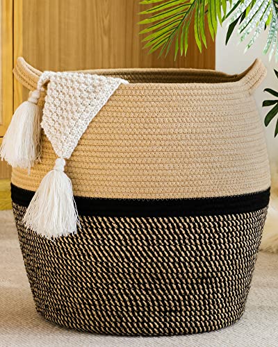 "KAKAMAY Woven Baskets for Storage(17""x17""),Large Cotton Rope Basket Baby Laundry Hamper,Collapsible Basket, Blanket Organizing Living Room,Nursery,Clothes,Toy chest (Black)"