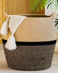 "KAKAMAY Woven Baskets for Storage(17""x17""),Large Cotton Rope Basket Baby Laundry Hamper,Collapsible Basket, Blanket Organizing Living Room,Nursery,Clothes,Toy chest (Black)"