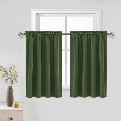 DWCN Blackout Curtains for Living Room Thermal Insulated, Energy Saving & Noise Reducing Bedroom Curtains, Olive Green, W 52x L 36 Inch, Set of 2 Rod Pocket Curtain Panels
