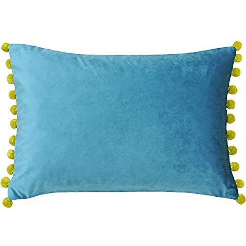 "Riva Paoletti Fiesta Rectangular Feather Filled Cushion Blue Green Pompom Edges-Soft Velvet Fabric-Discreet Zip Closure-100 Case (14"" x 20"" inches), Polyester, Teal/Bamboo, 35 x 50cm"