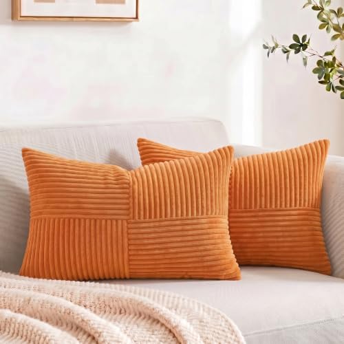 Fancy Homi 2 Packs Orange Long Lumbar Decorative Throw Pillow Covers 16x24 Inch for Couch Bed Sofa, Rustic Farmhouse Boho Home Decor, Soft Striped Corduroy Rectangle Accent Cushion Case 40x60 cm