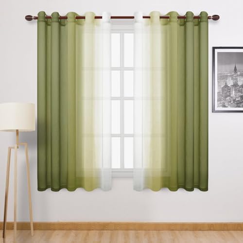 DWCN Ombre Curtains Faux Linen Extra Wide Gradient Half Voile Light Filtering Eyelet Curtains for Bedroom Living Room 60x63 Inch Long Set of 2 Window Curtains Olive Green