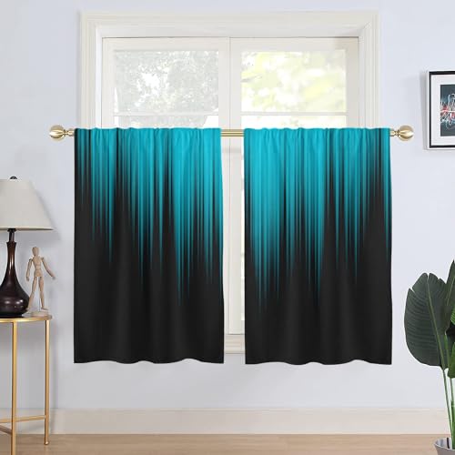 "AAtter Teal and Black Kitchen Curtains, Ombre 27.5"" W x 45"" L, 2 Panels - Turquoise Modern Rod Pocket Bathroom Window Drapes, Dark Abstract Striped Style, Cool Anime Design, Aqua Small Short Tiers"