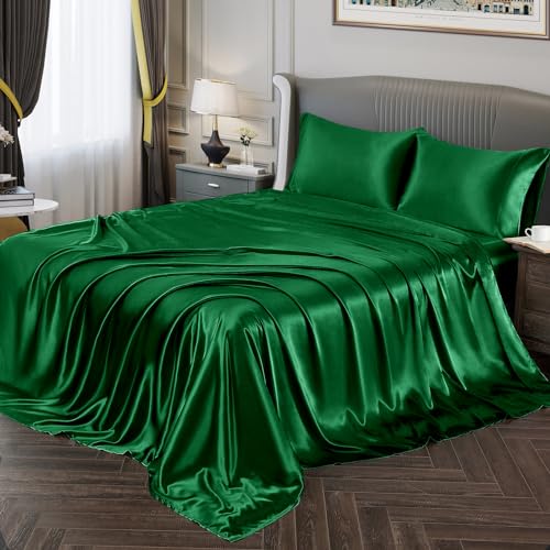 Vonty Satin Queen Size Bed Sheets - Green Satin Sheet Set, 1 Deep Pocket Fitted + 1 Flat + 2 Pillowcases
